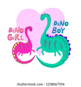Dino girl and boy color flat hand drawn vector character. Lettering with cute dinosaurs in love. Sketch Brachiosaurus. Isolated cartoon illustration for kids fabric, game, book, t-shirt, textile.
