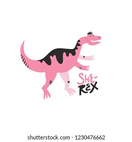 Dino girl color flat hand drawn vector character. Cute pink dinosaur. Girl power concept. Sketch T-rex with lettering. Tyrannosaurus. Isolated cartoon illustration for kid game, book, t-shirt, textile