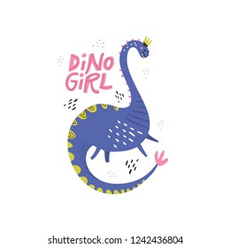 Dino girl color flat hand drawn vector character. Cute dinosaur with crown and lettering. Girl power concept. Sketch Brachiosaurus. Isolated cartoon illustration for kids game, book, t-shirt, textile