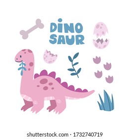 Dino girl color flat hand drawn vector character. Cute pink dinosaur. Sketch with lettering. Tyrannosaurus. Isolated cartoon illustration for kid game, book, t-shirt, textile