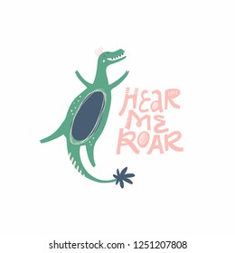 Dino girl color hand drawn vector character. Cute dinosaur with crown. Girl power concept. Sketch Jurassic reptile with lettering. Isolated cartoon illustration for kid game, book, t-shirt, textile