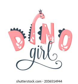 Ilustración vectorial de chica dino. Slogan de texto de color rosa dibujado a mano con la linda cabeza de dinosaurio aislada en fondo blanco.