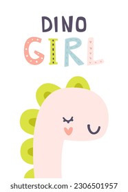 Dino girly print with text. Poster with cute pink dinosaur. Scandinavian print with baby dino girl and lettering.
