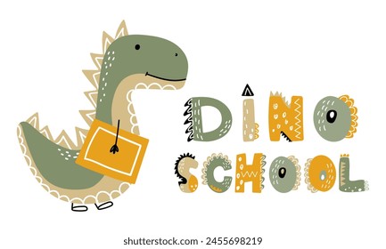 Dino goes to school with a book. Poster with Dino School lettering. Back to school concept