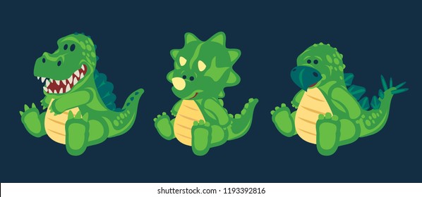 Dino Green little cute baby dinosaurs toy, set (3/3), cartoon design, vector illustration, T-Rex, Triceratops, Spinosaurus