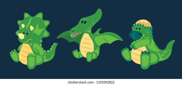 Dino Green little cute baby dinosaurs toy, set (1/3), cartoon design, vector illustration, triceratops, pterodactyl, pachycephalosaurus