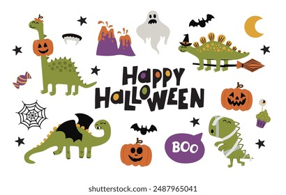 Dino halloween vector collection. Dinosaurs in different funny halloween costumes.