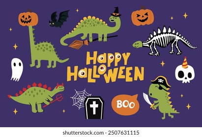 Dino halloween vector collection. Dinosaurs in different funny halloween costumes with halloween elements.