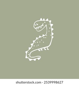 Dino hand-drawn vector illustration of a cute dinosaur in a simple, childish doodle sketch style, with a marker-drawn effect. White outline on green olive background