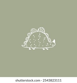 Dino hand-drawn vector illustration of a cute dinosaur in a simple, childish doodle sketch style, with a marker-drawn effect. White outline on green olive background