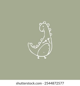 Dino hand-drawn vector illustration of a cute dinosaur in a simple, childish doodle sketch style, with a marker-drawn effect. White outline on green olive background