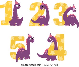 Dino Happy birthday numbers. Party Animals Dinosaurs with Numbers for kids, from 1 to 5. 1st Birthday, 2nd Birthday, 3rd Birthday  for t-shirt design, invitations, party decor.