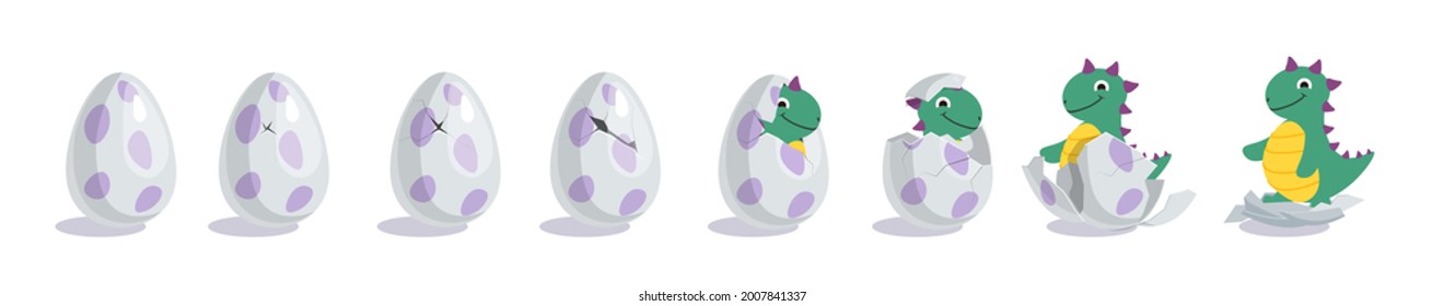 Dino hatching egg in different stage of eggshell crashing. Birth of cute little prehistoric reptile dinosaur or fantastic dragon item vector illustration isolated on white background