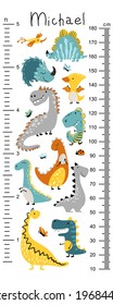 Dino height chart for kids. Cute vector illustration in simple hand-drawn cartoon Scandinavian style. The limited, colorful palette is ideal for printing. Childish meter wall for nursery design