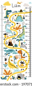 Dino height chart for kids. Cute vector illustration in simple hand-drawn cartoon Scandinavian style. The limited, colorful palette is ideal for printing. Childish meter wall for nursery design