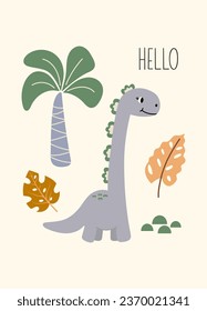 Dino Hello quote. Cute dinosaur color vector character. Baby illustration of dino in cartoon style. Childish art for nursery, poster, textile and kids apparel.