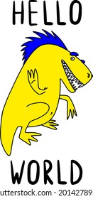 Dino Hello world. Funny vector cartoon dinosaur for kids design.