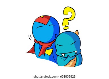 Dino And Hero Confused. Vector Illustration. Isolated on white background.