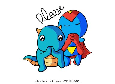 Dino And Hero saying PLEASE. Vector Illustration. Isolated on white background.
