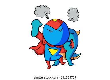 Dino hiding behind Angry Hero. Vector Illustration. Isolated on white background.