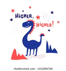 Dino high head hand drawn vector character. Cute dinosaur with stars and lettering. Cool brachiosaurus illustration for t-shirt, kids apparel on white background.