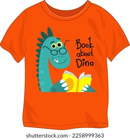 a dino holding a book. T-shirt. vector illustrator