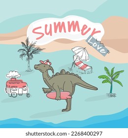 Dino Holding A Colorful Surfboard In Summer Cartoon Surfer Dino Vector Illustration For Kids Apparels ocean  relax  zoo  art  surfing.