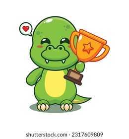dino holding gold trophy cup cartoon vector illustration.
