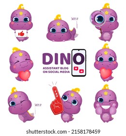 Dino holds a sign with like, shows tap tap and swipe up. Little kid character. Creative layout for social media blogging. Vector illustration.
