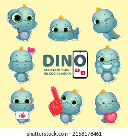 Dino holds a sign with like, shows tap tap and swipe up. Little kid character. Creative stickers for social media blogging. Vector illustration.