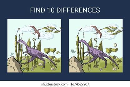Dino illustration. Find 10 differences. Educational funny game for children. Puzzle for children, kid. Print and play. Cartoon vector illustration.