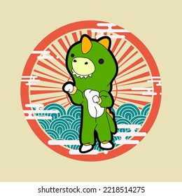 dino illustration with japanese style for kaijune event, notebook, logo