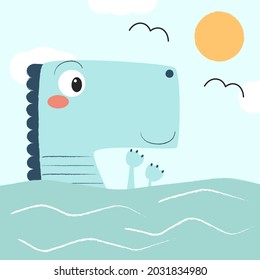 Dino illustration for print design. Kids graphic. Vector element. Funny cartoon character. Scandinavian style.