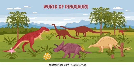 Dino illustration with wild landscape view of prehistorical nature and flora with dinosaur images and text vector illustration