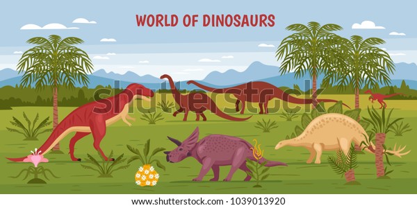Dino illustration with wild landscape view of prehistorical nature and flora with dinosaur images and text vector illustration.