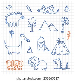 Dino ink doodles cartoon vector set 