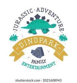 Dino Island and Dino Park Family Entertainment Emblem with Funny Dinosaur as Cute Prehistoric Creature and Comic Jurassic Predator Vector Illustration