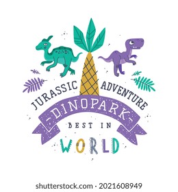 Dino Island and Dino Park Family Entertainment Emblem with Funny Dinosaur as Cute Prehistoric Creature and Comic Jurassic Predator Vector Illustration