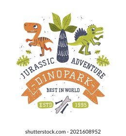 Dino Island and Dino Park Family Entertainment Emblem with Funny Dinosaur as Cute Prehistoric Creature and Comic Jurassic Predator Vector Illustration
