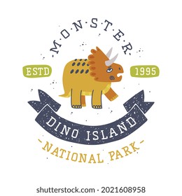 Dino Island and Dino Park Family Entertainment Emblem with Funny Dinosaur as Cute Prehistoric Creature and Comic Jurassic Predator Vector Illustration