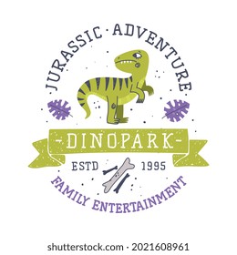 Dino Island and Dino Park Family Entertainment Emblem with Funny Dinosaur as Cute Prehistoric Creature and Comic Jurassic Predator Vector Illustration