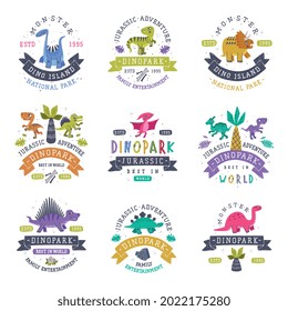 Dino Island and Dino Park Family Entertainment Emblem with Funny Dinosaurs as Cute Prehistoric Creature and Comic Jurassic Predator Vector Set