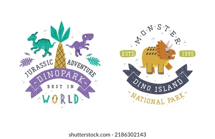 Dino Island and Dino Park Family Entertainment Emblem with Funny Dinosaur and Comic Jurassic Predator Vector Set