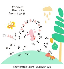 Dino in jurassic park. Dot to Dot. Connect the dots from 1 to 27. Game for kids. Vector illustration.