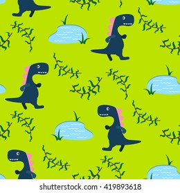 Dino kid seamless vector pattern for textile print. Green and blue happy cartoon dino reptile with lake on green. Baby fabric pattern.