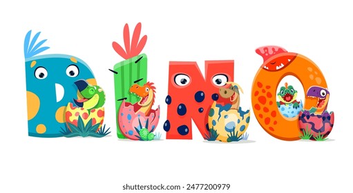 Dino kids, cartoon funny baby dinosaur characters hatching from the eggs and colorful lovely letters forming word dino. Isolated vector cute newborn reptiles in the eggshell, and monster font text