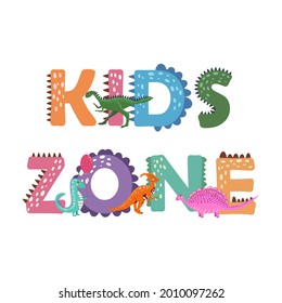Dino kids. Dinosaur lettering. Bright modern illustration for kids, nursery, poster, card, birthday party, packaging paper design