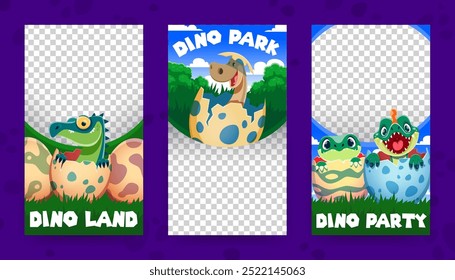 Dino niños de dinosaurios prehistóricos en cáscara de huevo, Plantillas de Anuncio. Marcos de Vector para eventos de tierra, parque o fiesta de dinosaurios con vibrantes fondos jurásicos y lindas especies de reptiles de dinosaurio bebé que eclosionan