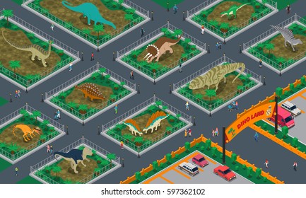 Dino land isometric composition with people walking in modern park of giant prehistoric reptiles vector illustration 