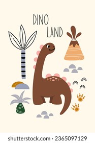 Dino Land quote. Cute dinosaur color vector character. Baby illustration of dino in cartoon style. Childish art for nursery, poster, textile and kids apparel.